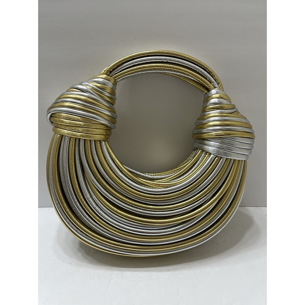 Hand Woven Noodle Handbag Gold Silver Knotted Side Accents Rounded Handle